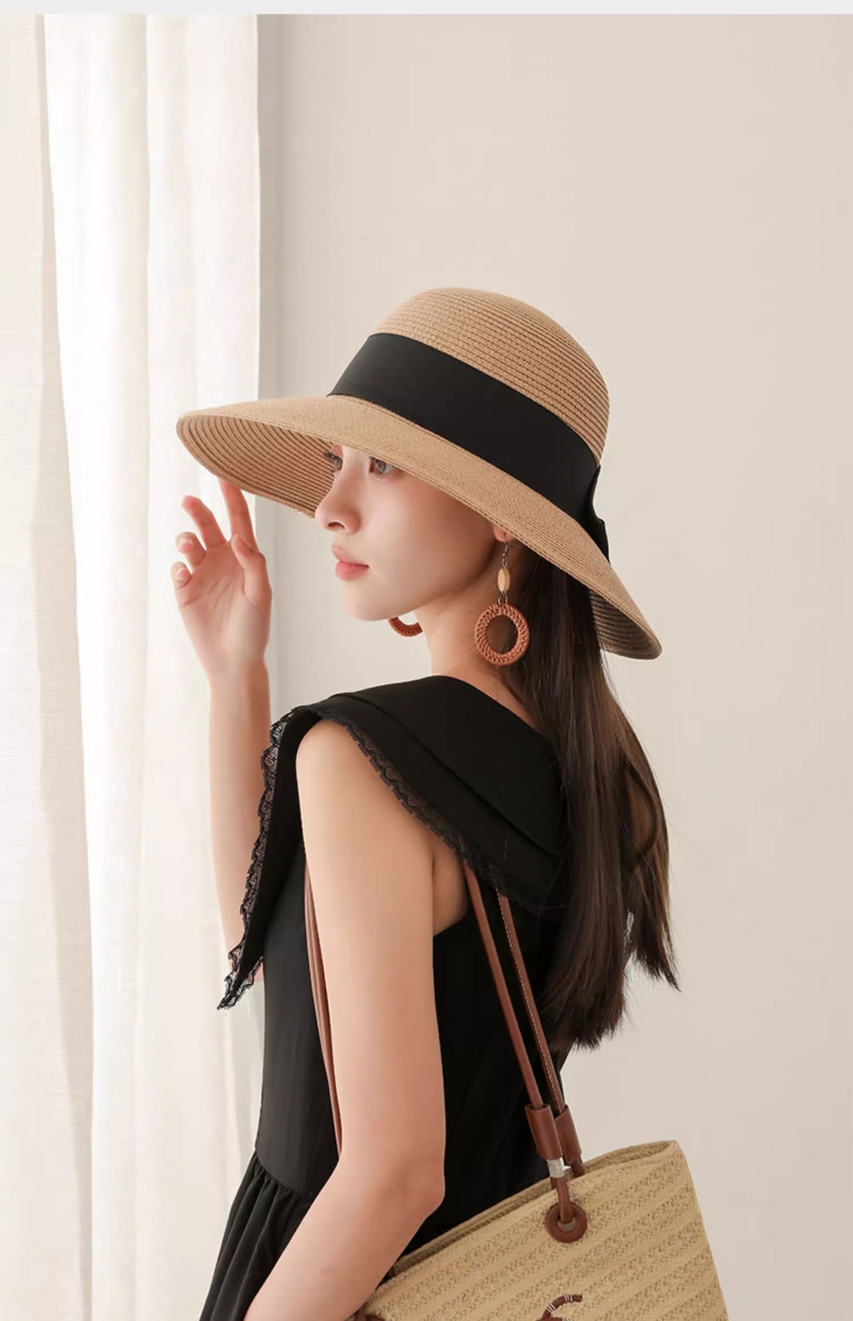 2025New Straw Sun Hat Wide Brim Beach Hat with Black Bow